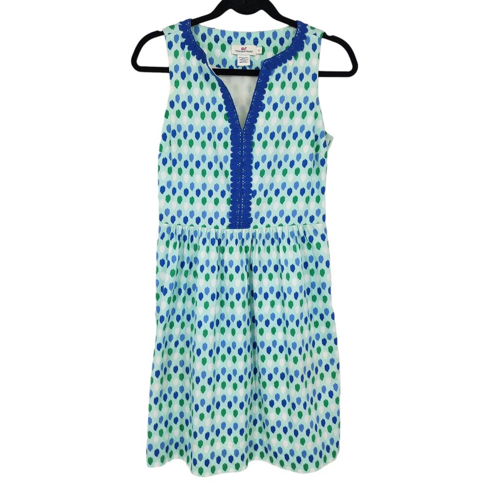 Vineyard Vines Sleeveless Blue Green V-Neck Paint Polka Dot Dress Size 0